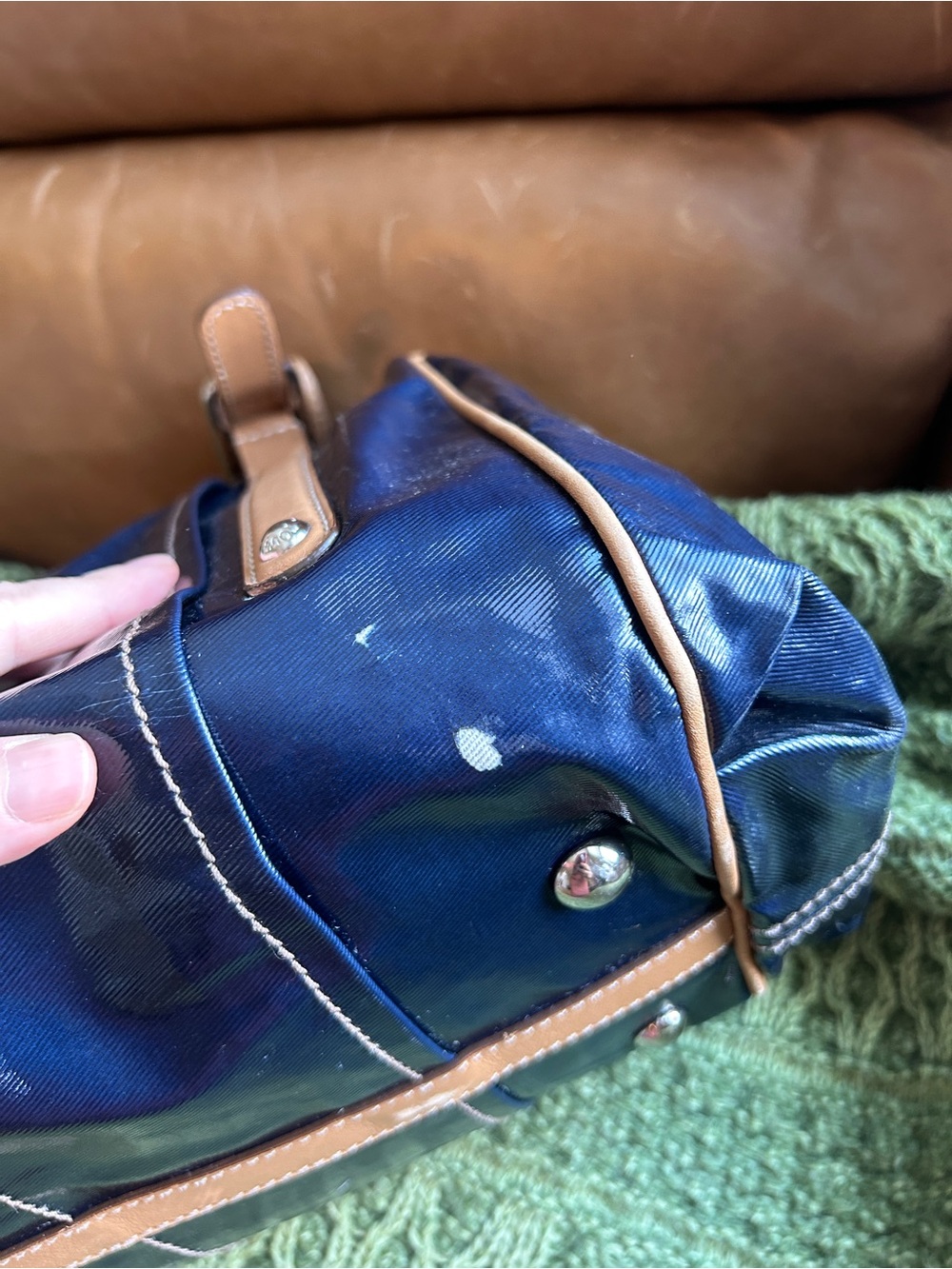 TOD’S Navy Patent Coated Canvas Satchel with Brown Leather Trim - Picture 5 of 16